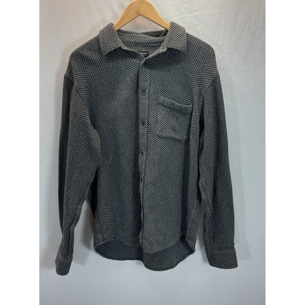 Club Monaco Mens L Black Gray Textured Cotton Long Sleeve Button Shirt Knit‎